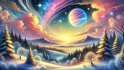 A Fantastical Winter Evening Landscape with a Glowing Starry Sky and Enchanting Planetary Touch