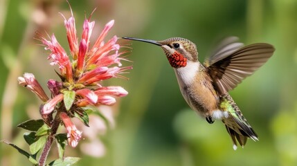 Fototapeta premium A hummingbird hovering near a vibrant flower, showcasing nature's beauty and pollination.