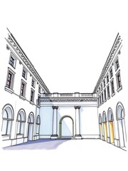 Elegant Hand-Drawn Courtyard Illustration. AI Generated