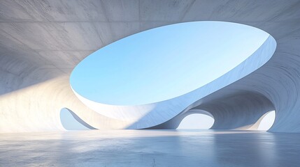 Futuristic Curved Architectural Structure Against Serene Blue Sky and Concrete Floor