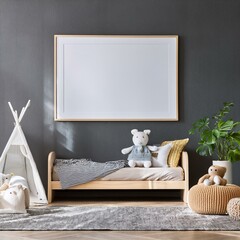 Empty horizontal picture frame on gray wall in modern child room.