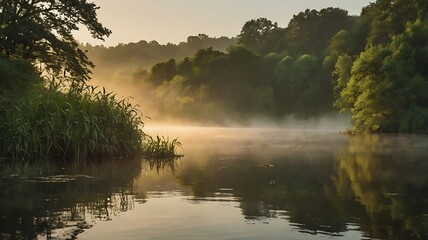 Tranquil Lakeside At Sunrise, With Soft Golden Light Reflecting On The Water And Mist Gently Rising From The Surface, Surrounded By Lush Green Trees