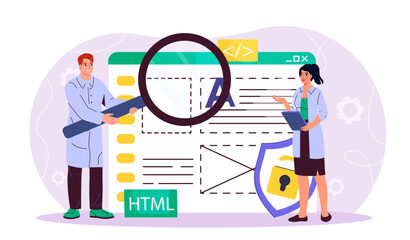 People testing software. Woman and man with magnifying glass read lines of computer code. Programmer and IT specialists. Testers fix errors in website code. Flat vector illustration