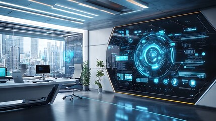 Futuristic Office: Stunning 3D Render of Tech Interface. AI Generated