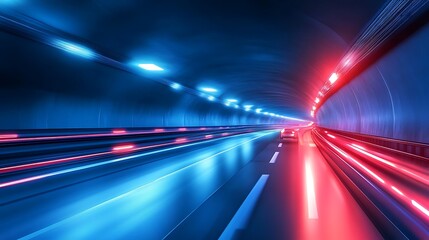 Vibrant Neon Tunnel Road Photo: Fast Drive Through City Lights. AI Generated