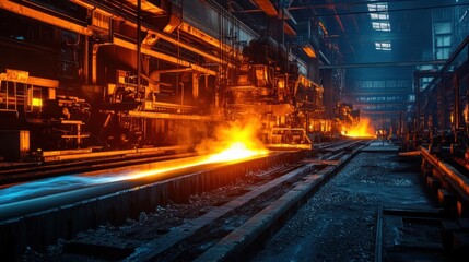 Fototapeta premium A pipe factory at night, illuminated by floodlights, the glow of molten metal visible inside 