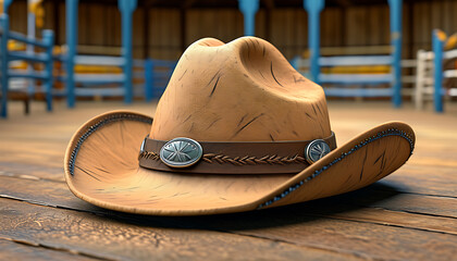 detailed cowboy hat with smooth felt texture, resting on wooden surface in rustic setting. hat features decorative band and is perfect for western themes