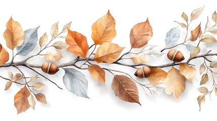 Fall concept close-up view of autumn leaves and acorns in a calm nature scene