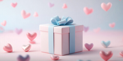 minimalistic 3D wrapped gift box with blue ribbon, surrounded by pastel hearts, creates charming and festive atmosphere perfect for celebrations