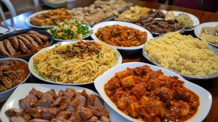 Obraz premium A Colorful Array of Delicious Asian Dishes Spread Out on a Dining Table, Featuring Noodles, Meats, Rice, and Various Sides Ready for a Feast with Friends and Family