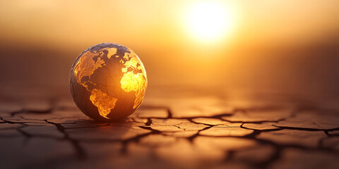 glowing globe on cracked earth symbolizes climate change and environmental issues. intense heat and dryness highlight urgent need for sustainability and awareness