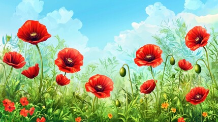 Fototapeta premium Vibrant red poppies in a sunny field.
