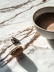 Fototapeta premium Close-up Photo: Warm Chocolate Drink and Treats Resting on Marble Surface. AI Generated