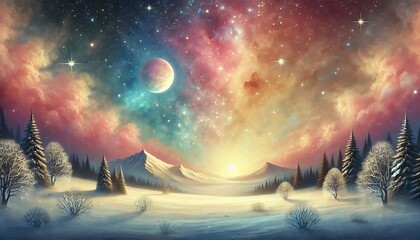 A Serene Winter Evening Landscape with a Mystical Starry Sky and Fantastical Atmosphere, Painted in Warm Pastel Hues
