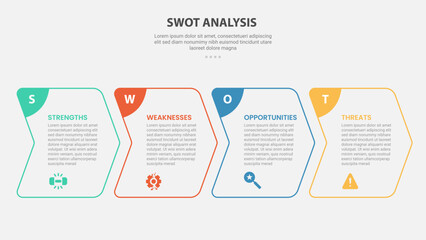 SWOT analysis infographic outline style with 4 point template with creative arrow box right direction for slide presentation