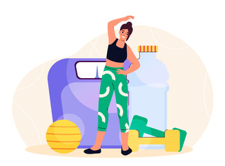 Woman training concept. Young girl near huge dumbbells and scales, bottle of water. Active lifestyle and sports. Fitness and workout. Sportswoman stretching. Flat vector illustration