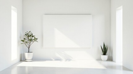 Minimalist White Room Interior Design with Blank Canvas and Potted Plants