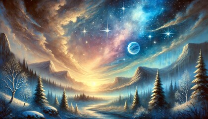 Obraz premium A horizontal painting of a serene winter evening transitioning into a whimsical starry sky, showcasing a vibrant blend of pastel and fantastical hues