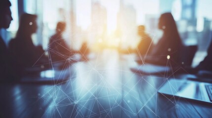 Business meeting with silhouettes of professionals in a modern office setting, dynamic lighting creating a sense of collaboration and innovation in a digital environment.