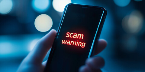 Close up of smartphone screen displaying scam warning message, highlighting importance of digital security and awareness in today technology driven world