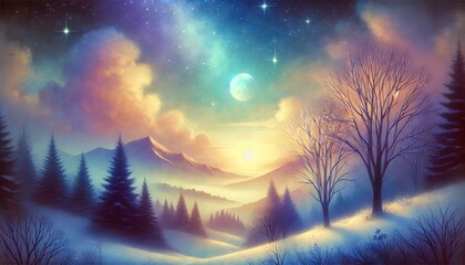 A Tranquil Winter Night with a Radiant Starry Sky and Dreamy Pastel Hues in a Magical Setting
