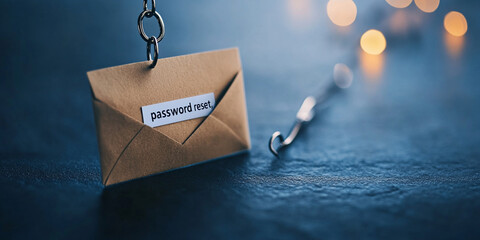 Conceptual image of fishing hook and email envelope symbolizing security and password reset. envelope features label reading password reset for emphasis