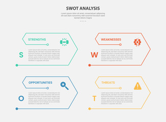 SWOT analysis infographic outline style with 4 point template with arrow edge with open slice shape for slide presentation