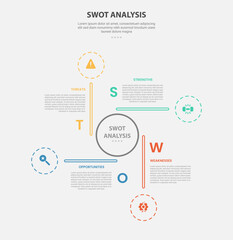 SWOT analysis infographic outline style with 4 point template with circle center and long line with cycle circular shape for slide presentation