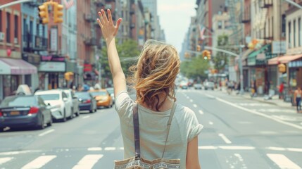 Woman hails a taxi on a busy city street.