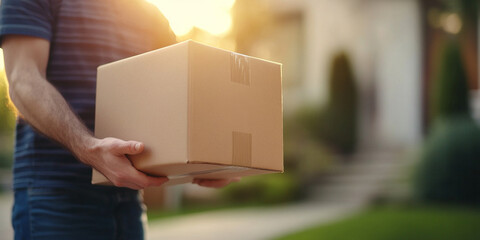 delivery person holds cardboard box in sunlight, showcasing importance of timely deliveries. warm glow adds sense of reliability and service