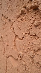Brown soil wall background. Highly weathered rock surface texture, blurry foreground, with white tones
