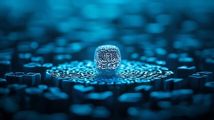 Futuristic Islamic Calligraphy Verse in Glowing Aqua Tech Environment