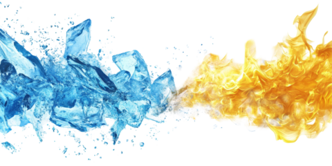 Dynamic and contrasting image of blue ice and yellow flames splashing, isolated on white