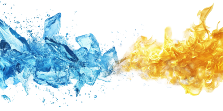 Dynamic and contrasting image of blue ice and yellow flames splashing, isolated on white