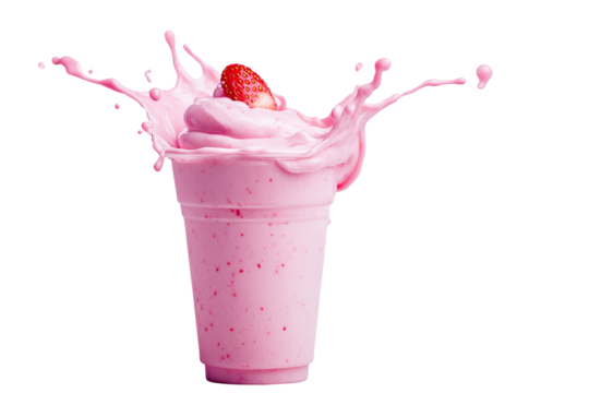 Dynamic and visually captivating image of a strawberry milkshake splashing from its glass