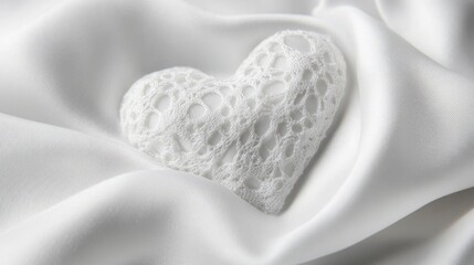 Fototapeta premium Delicate white lace heart resting on soft white satin fabric, evoking feelings of love and elegance in a serene setting