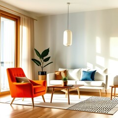 Bright modern living room, orange armchair, white sofa, wooden coffee table, large window, pendant light, potted plant, patterned rug, warm sunlight, minimalist decor, Scandinavian design, cozy interi