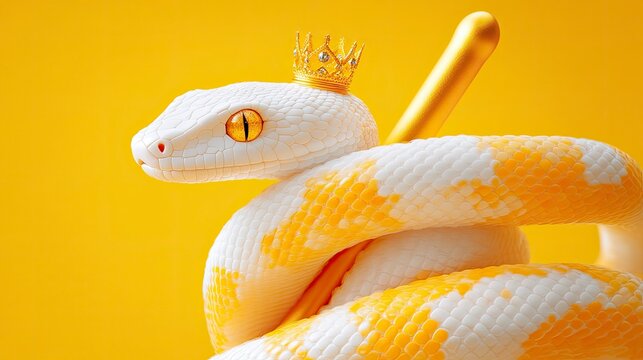 A regal yellow python snake adorned with a crown and scepter, set against a vibrant yellow background, embodying luxury and uniqueness.