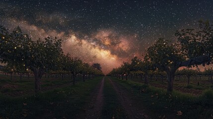 Fototapeta premium Starry Night Over Quiet Orchard