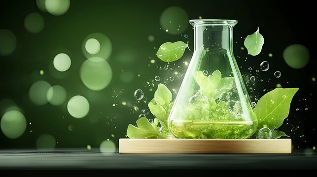 A beautiful glass laboratory flask stands on a wooden base, filled with vibrant green leaves and bubbles, symbolizing nature and innovation in science