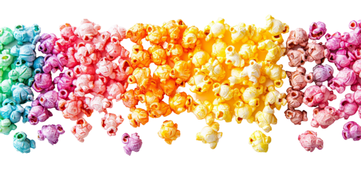 A striking presentation of vibrantly colored snack food popcorn, showcasing its playful appeal and delicious texture