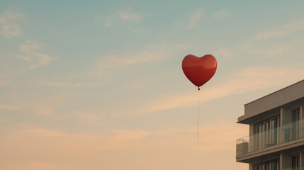 Fototapeta premium red heart shaped balloon floats gently in sky near modern building