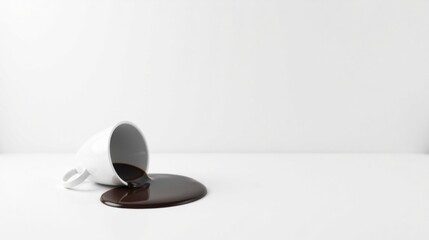 Spilled Dark Beverage from a Tilted White Mug on a Plain White Surface