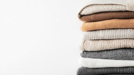 A stylishly arranged stack of cozy knit sweaters showcasing a soft color palette of beige, brown, white, and gray.