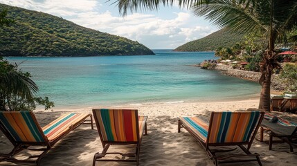 Serene Beach Scene with Colorful Lounge Chairs and Tropical Landscape