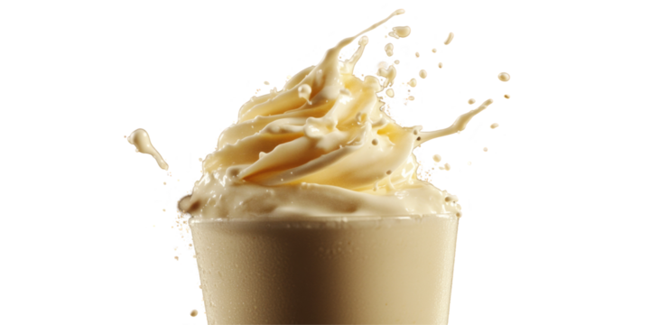 A vibrant and exciting image of a vanilla milkshake splash, highlighting its smooth texture and irresistible deliciousness