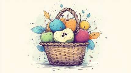A beautifully illustrated basket filled with a colorful assortment of apples, showcasing their natural beauty and freshness.
