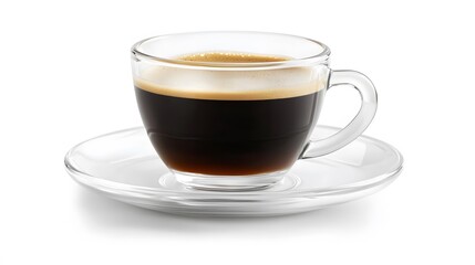 A freshly brewed espresso coffee in a glass cup, placed on a white saucer