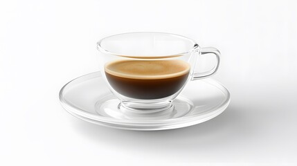 Obraz premium A freshly brewed espresso coffee in a glass cup, placed on a white saucer