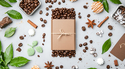 Artistic flat lay of roasted coffee beans, spices, and sweets, creating warm and inviting atmosphere